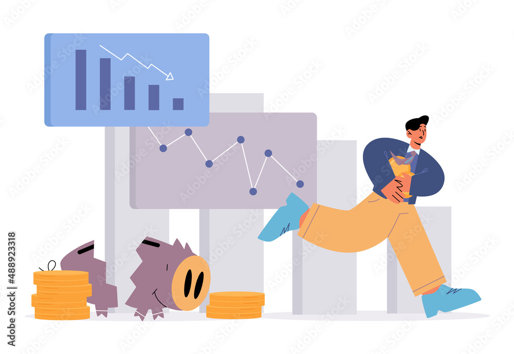 Financial crisis concept with down graph and chart, broken piggy bank and man run away with money. Vector flat illustration of economic decline, stock crash, finance loss