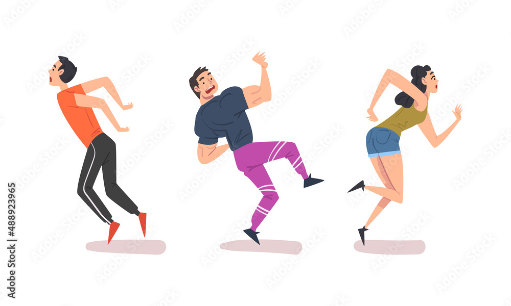 People falling down set. Stumbling and slipping men and woman cartoon vector illustration