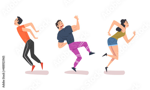 People falling down set. Stumbling and slipping men and woman cartoon vector illustration