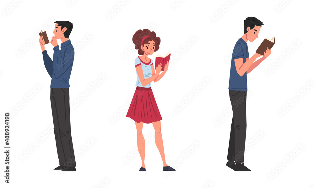 People holding books set. Male and female students or literature funs reading books cartoon vector illustration People holding books set. Male and female students or literature funs reading books cartoon vector illustration