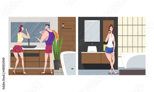 People cleaning teeth in bathroom set. Everyday hygienic procedure vector illustration