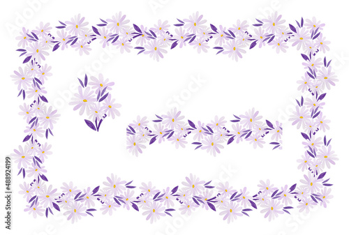 Watercolor set of a frame, a bouquet and a border of light lilac daisies.
