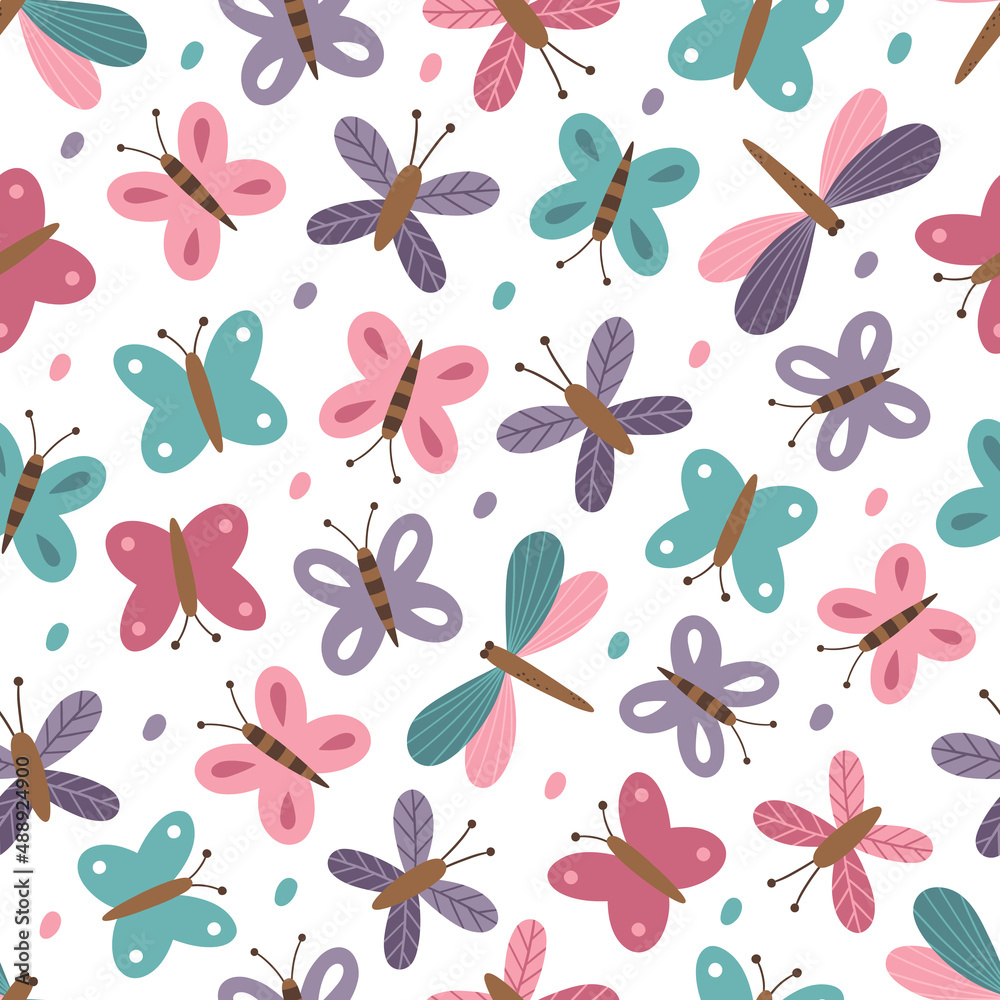 Cute bright butterflies. Bright summer seamless pattern. Vector illustration for printing on fabric, wallpaper, wrapping paper, clothes