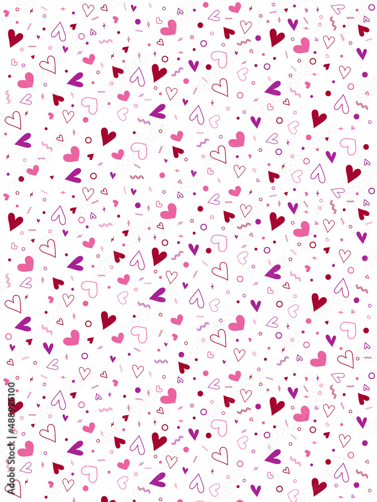Pink, red and purple heart variety background with pattern of hand drawn hearts. Pretty, cute wallpaper for Valentine's Day, birthday celebrations, parties