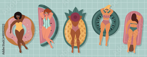Beautiful girls are swimming in the pool. Different women in swimsuits. Bright inflatable mattresses and lifebuoys in the form of a donut, watermelon, pineapple, kiwi, ice cream. Vector illustration