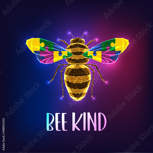 Autism awareness vector illustration. Glowing honey bee with colorful puzzle pieces and text Bee Kind