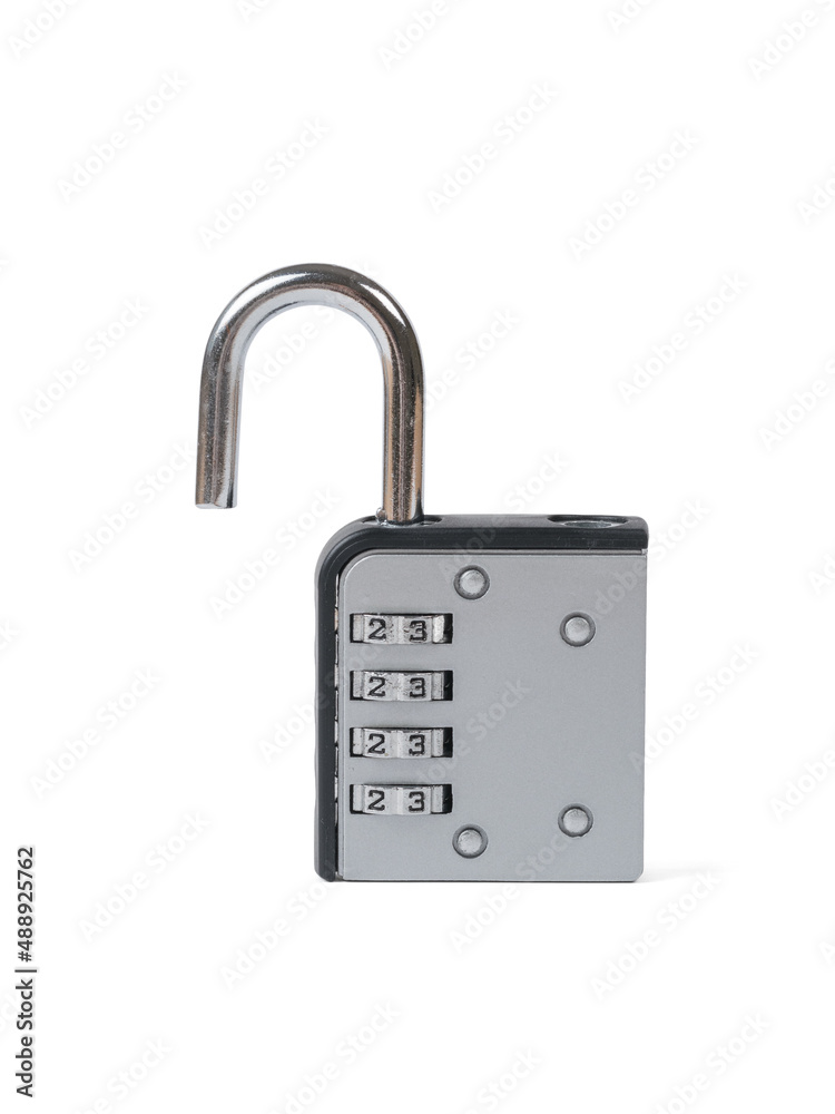 An open gray combination lock isolated on a white background. An open gray combination lock isolated on a white background.
