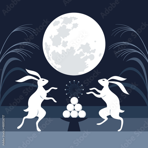 Moon viewing event illustration. Mid-autumn festival banner . Full moon and rabbits, stylized silver grass and japanese dango	
 photo