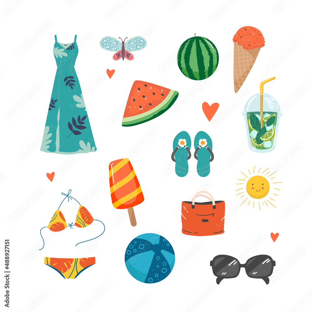 Fototapeta premium Set of cute summer icons dress sundress flip flops, mojito, ice cream, butterfly, watermelon, bag, glasses, sun, flip flops, beach ball. Bright summertime poster. Collection of scrapbooking elements