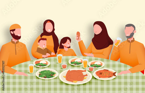 Suhoor and Iftar Party with Family During Ramadan Month Vector Illustration, Happy Fasting For Moslem, Eat Together With Moslem Family, Ramadhan kareem and Eid Mubarak