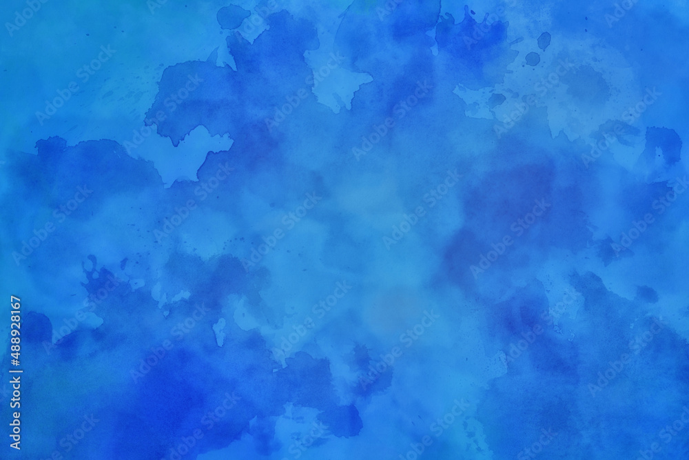 blue watercolor background, painted paper texture, abstract watercolor blotches and brush strokes