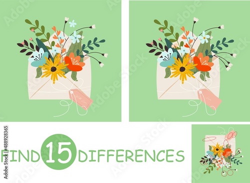 Game Find 15 differences for kids. Envelope with flowers and plants in cartoon style. Vector illustration.