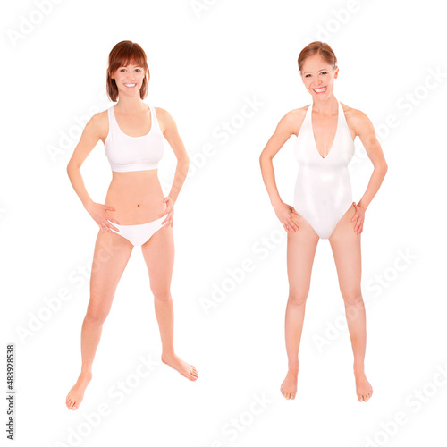 Two full length portraits of a young athletic woman wearing white bikini and swimsuit, isolated in front of white studio background
