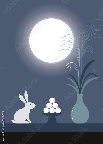 Moon viewing event illustration. Mid-autumn festival banner . Full moon and rabbit,  silver grass or pampas grass and japanese dango. 