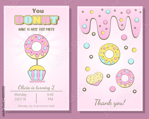 Happy birthday vertical invitation card with donuts. Donut birthday adn party. Vertical invitation card for birthday celebration. Web design or printing.