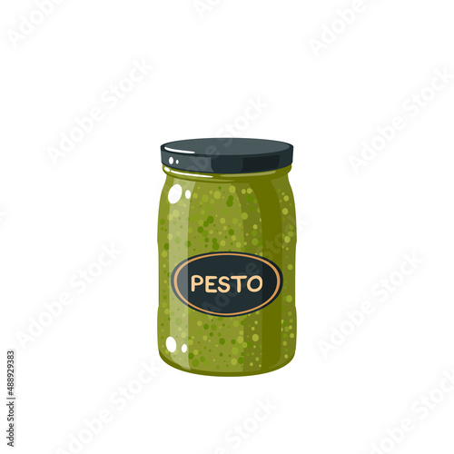 Pesto sauce jar. Vector illustration cartoon icon isolated on white background.