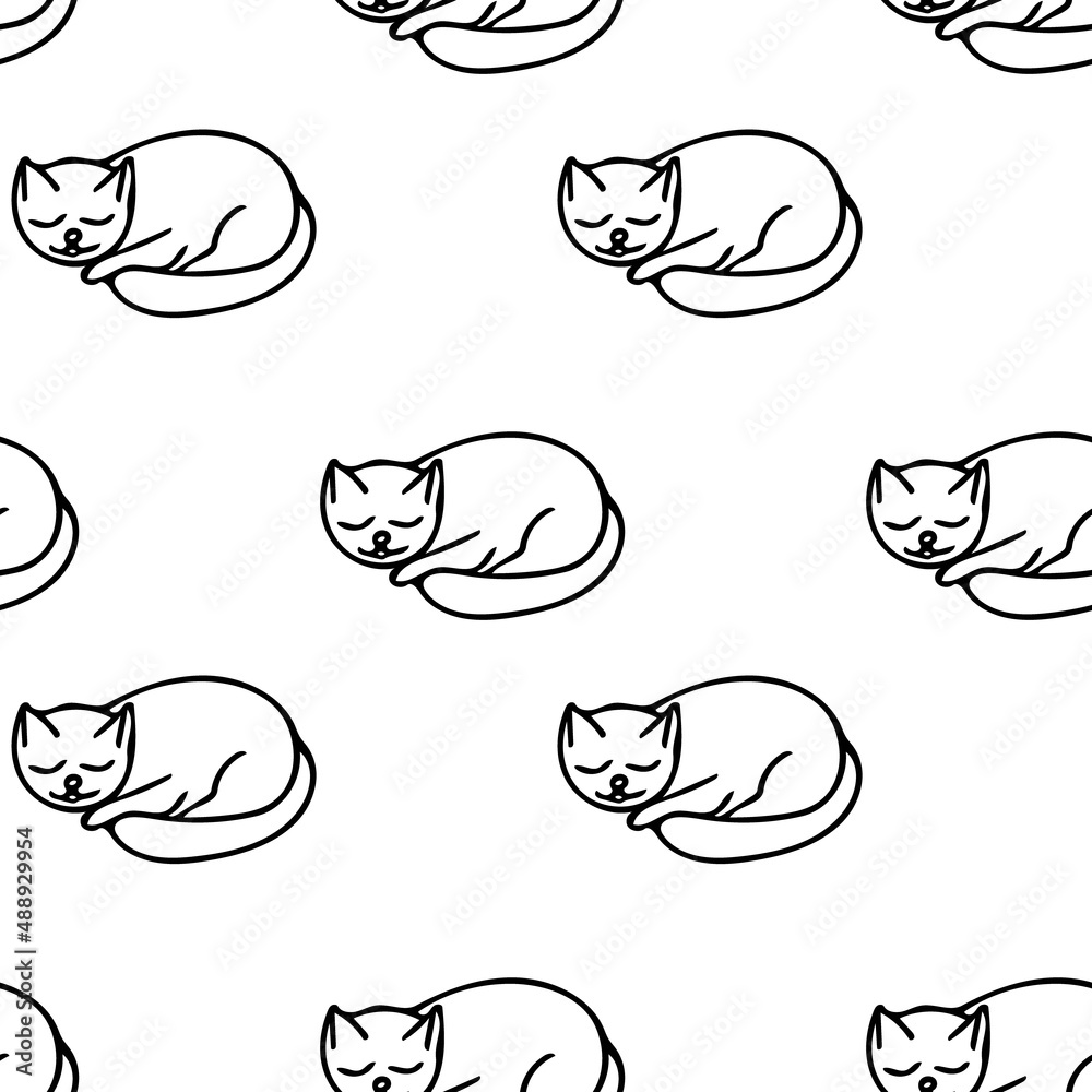 cat sleeps seamless pattern hand drawn doodle, vector. line art, nordic, scandinavian, minimalism, monochrome. wallpaper, textiles, print, wrapping paper, background.