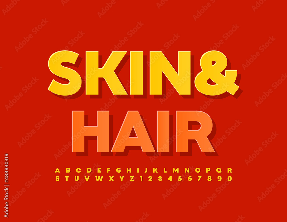 Vector bright sign Skin and Care. Yellow trendy Font. Stylish Alphabet Letters and Numbers set Vector bright sign Skin and Care. Yellow trendy Font. Stylish Alphabet Letters and Numbers set