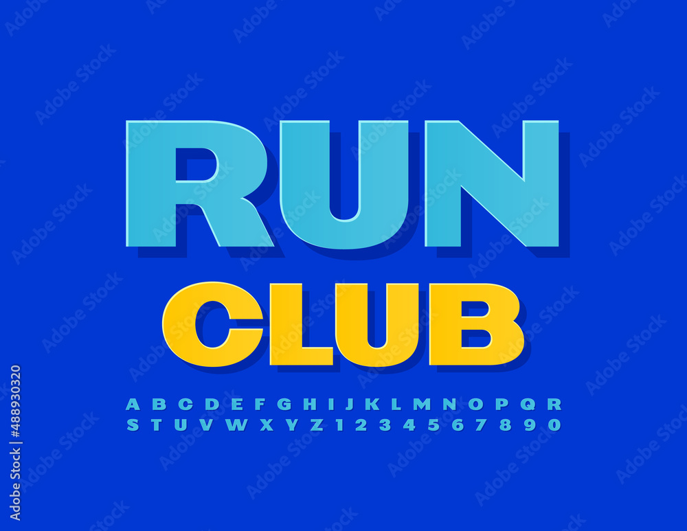 Vector sport banner Run Club. Blue modern Font. Sticker style set of Alphabet Letters and Numbers