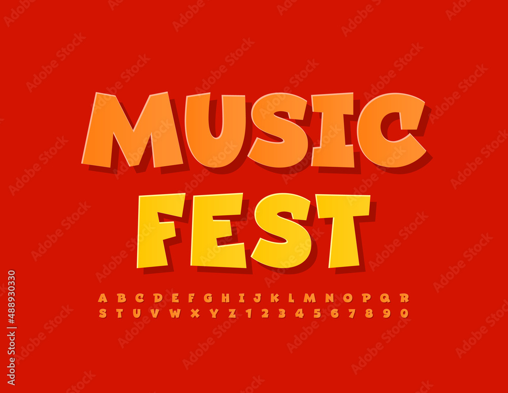 Vector bright Banner Music Fest. Playful Red Font. Artistic Alphabet Letters and Numbers set Vector bright Banner Music Fest. Playful Red Font. Artistic Alphabet Letters and Numbers set