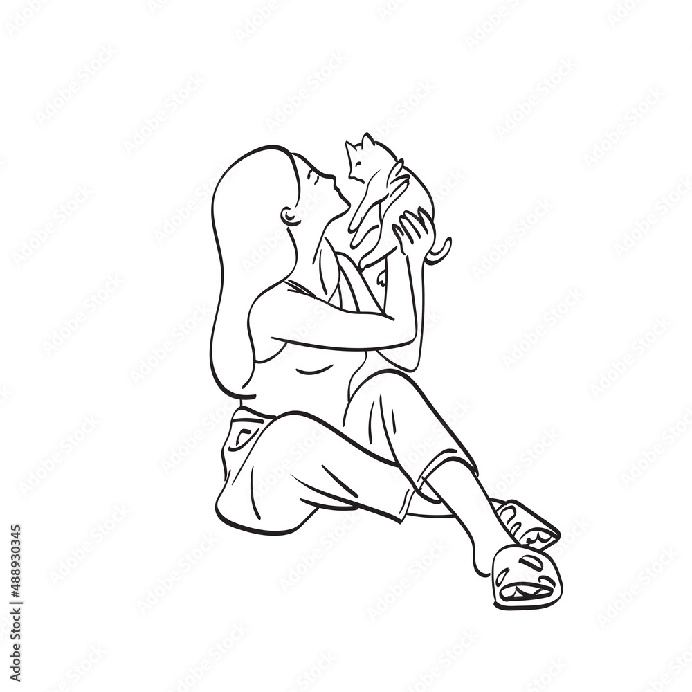 woman playing with her kitten illustration vector hand drawn isolated on white background line art. woman playing with her kitten illustration vector hand drawn isolated on white background line art.
