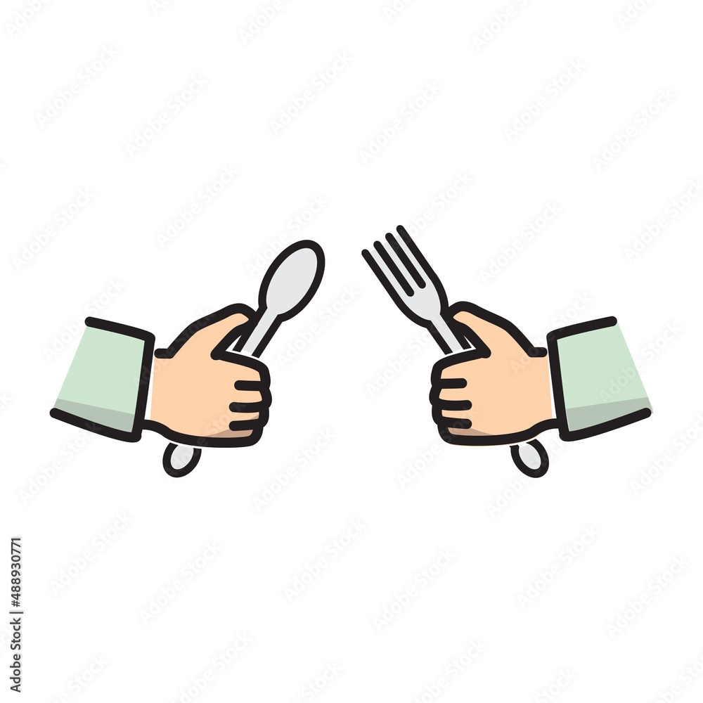 vector illustration of a hand holding a spoon and fork, suitable for