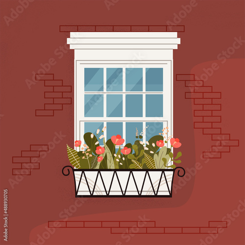 Window decorated with plants and greenery. Decorating facade of the building with living flowers. Colored flat vector illustration