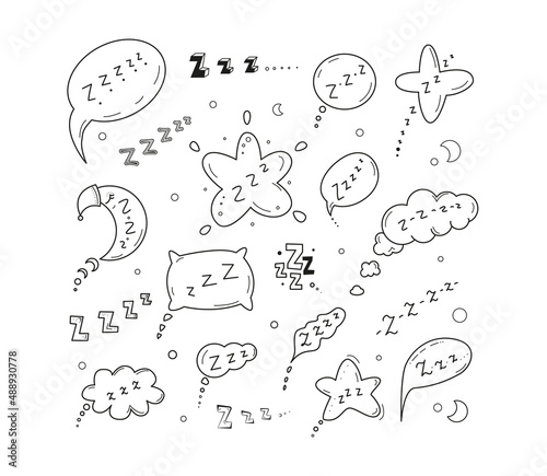 Zzz sleep night doodle icons set. Cute hand drawn sleepy symbol illustrations in sketchy comic style. Vector line art asleep signs isolated on white background photo