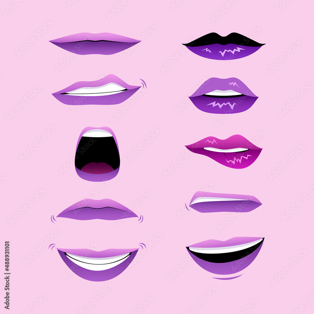Set of mouths Expressions. Different lips forms. Vector illustration