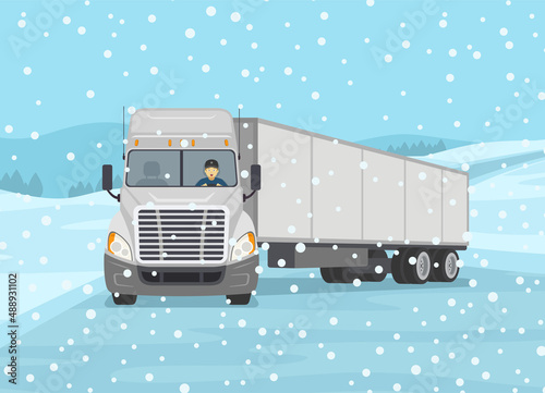 Safety car driving at winter season. Front view of a truck skidding across the icy road. Slippery, wet roadway scene. Flat vector illustration template.
