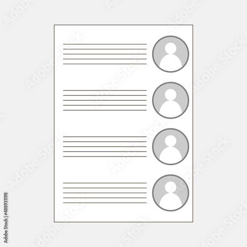 Form of questionnaire or ballot for polling voters. Four depersonalized candidates avatars on right. Lines for entries on left. Election campaign and voters poll. Political preferences of citizens.