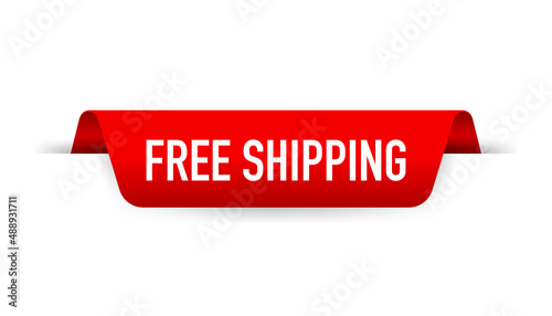 Red ribbon Free Shipping. Banner on white background. Vector illustration.