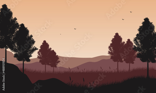 The beautiful mountain panorama with tree silhouettes at dusk from the edge of the village