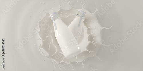 Milk bottle whit splash and wheat mockup