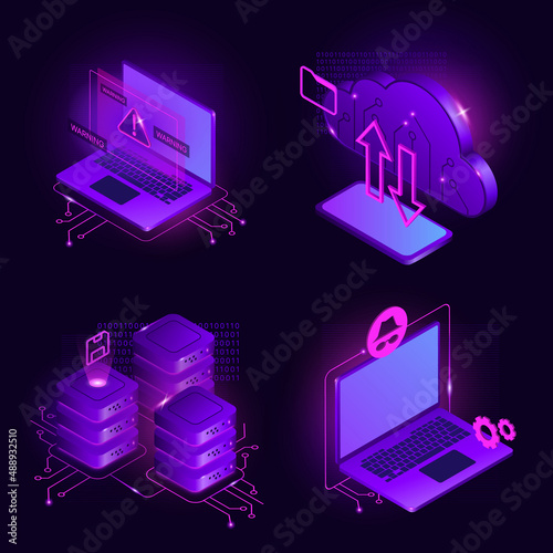 CyberSecurity Isometric Illustrations. Cloud Data Storage, Warning Concept, Computer, Spy. Vector illustration