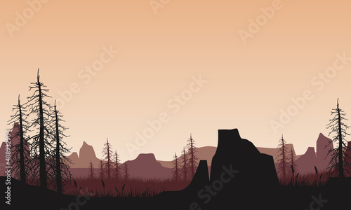 Stunning mountain panorama at dusk with fantastic dry tree silhouette
