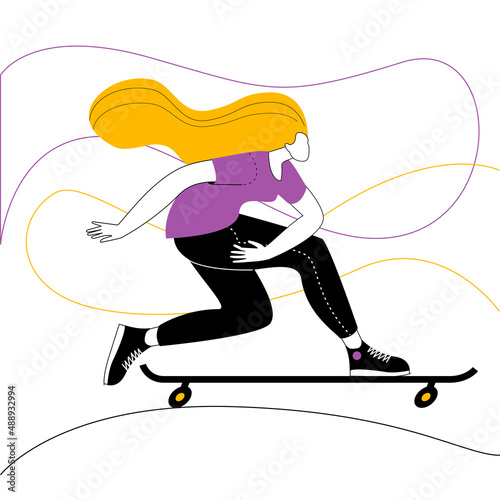 A girl in bright clothes quickly rides a skateboard on an abstract background. Vector illustration on the topic of sports and active lifestyle.