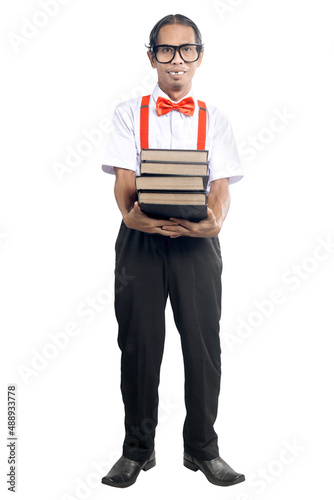 Asian nerd with ugly face holding a stack of books