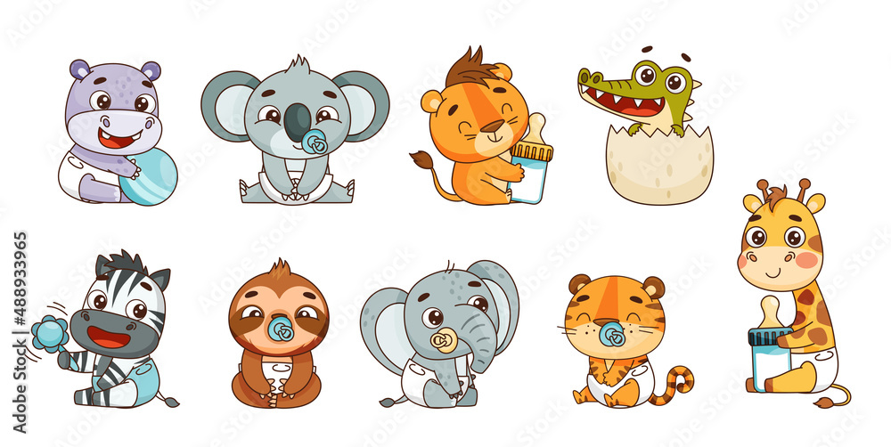 Fototapeta premium Tropical animals newborn set with pacifier, bottle, diapers, rattle. Hippo, lion, elephant, giraffe, crocodile, zebra, sloth, tiger, koala. Vector illustration for designs, prints, patterns. Isolated