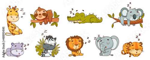 Set kids tropical animals sleep with the sound Zzz. Hippo, lion, elephant, giraffe, crocodile, zebra, sloth, tiger, koala. Vector illustration for designs, prints, patterns. Isolated on white © EnyaLis