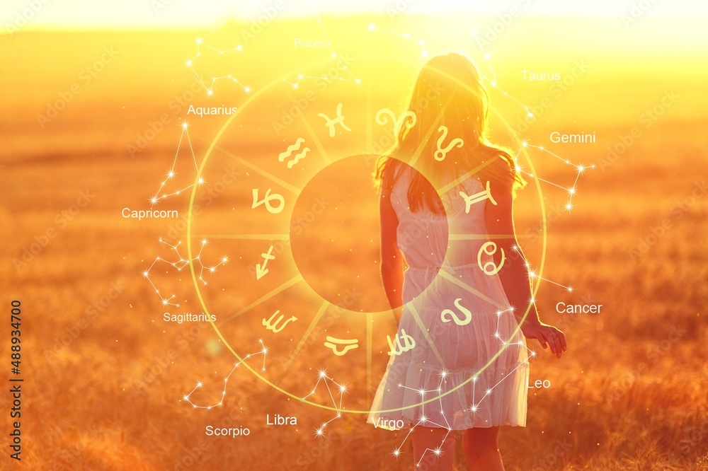 Zodiac signs inside of horoscope circle astrology and horoscopes concept on woman background - obrazy, fototapety, plakaty 