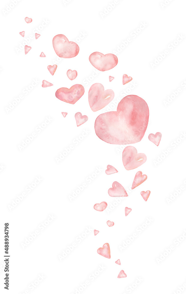 Flying Heart composition Clipart, Watercolor Pastel hearts arrangement illustration, Pink Delicate coral heart print, love decor,  valentines day, baby shower graphics, wedding invitation