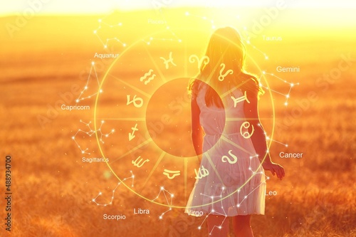 Zodiac signs inside of horoscope circle astrology and horoscopes concept on woman background