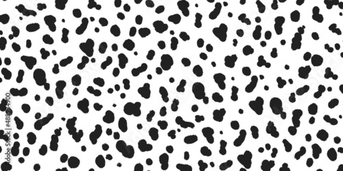 Dalmatian coloration banner. Black abstract organic blobs on white background. Black dalmatian spots on a white backdrop. Animal print. Vector hand drawn illustration.