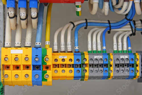 Electrical terminals for connecting mounting wires in an electrical panel close-up.