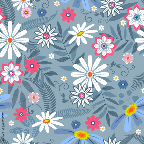 Floral seamless background. Various flowers and leaves on a gray background.
