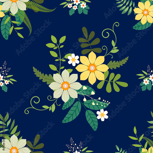 Vector illustration of a floral pattern. Flowers and grass on a blue background.