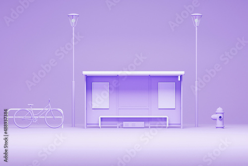 City bus stop and bicycle  street light on pastel purple background. Creative composition. Light background with copy space. 3D render for web page  presentation  studio. 
