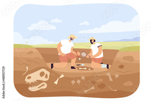 Cartoon archaeologists discovering dinosaur fossils in ground. Man and woman finding bones underground flat vector illustration. Paleontology, archeology concept for banner or landing web page