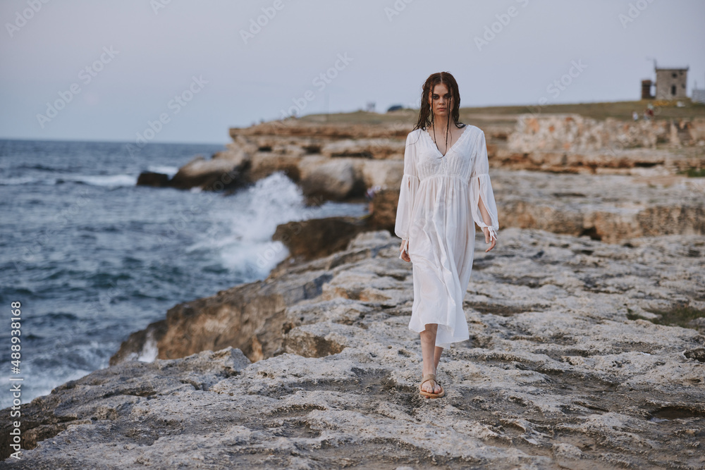 Attractive woman white dress standing outdoor nature